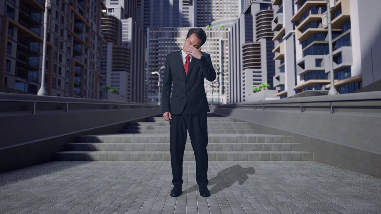 cuerpo lleno de hombre de negocios asiático que tiene dolor de cabeza mientras está de pie en la ciudad