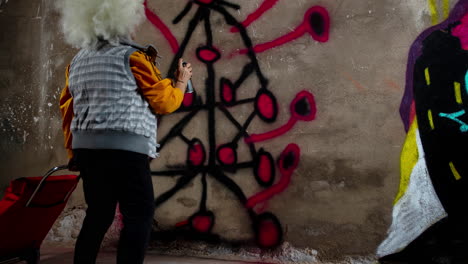 rebel grandma graffiti artist against an urban wall