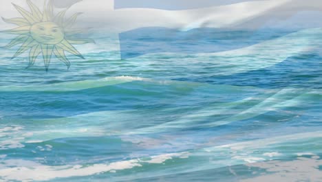 animation of flag of uruguay blowing over beach seascape