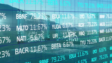 translucent financial dashboard overlay moving across wide mountain valley in flat design