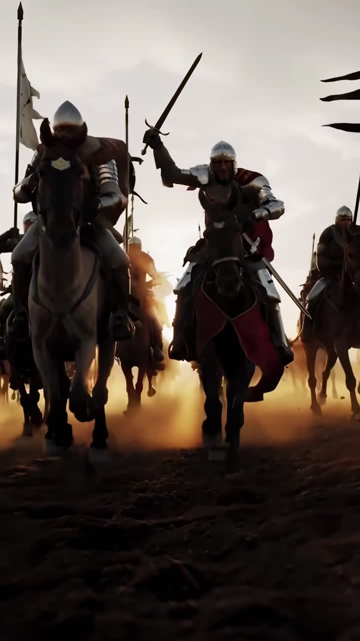 Cena épica de batalha medieval, tomada de baixo ângulo, cavaleiros carregando a cavalo, estilo de vídeo cinematográfico