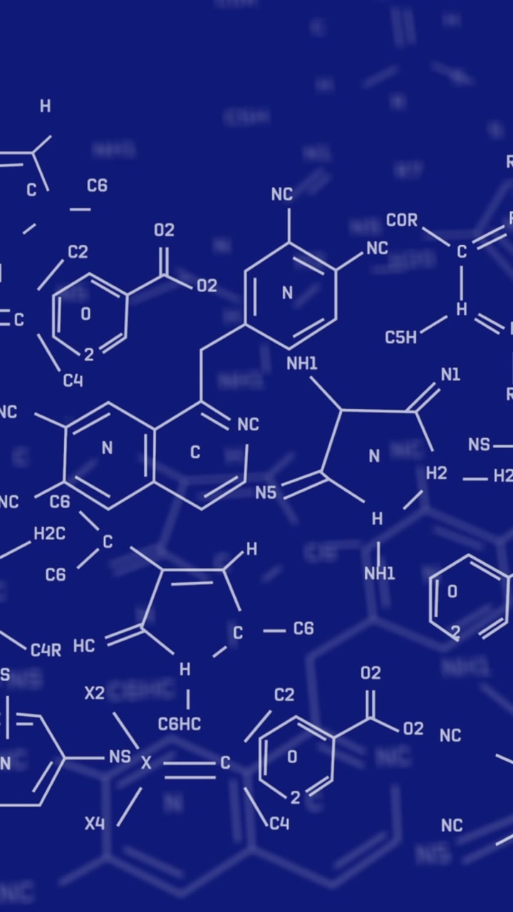 Animation of chemical structures and data processing against blue background