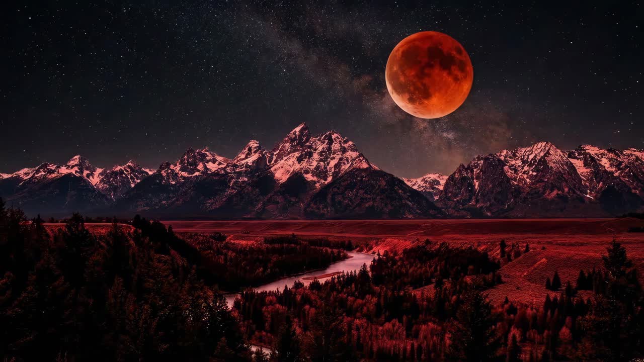 Luna di sangue sopra le montagne del Grand Teton