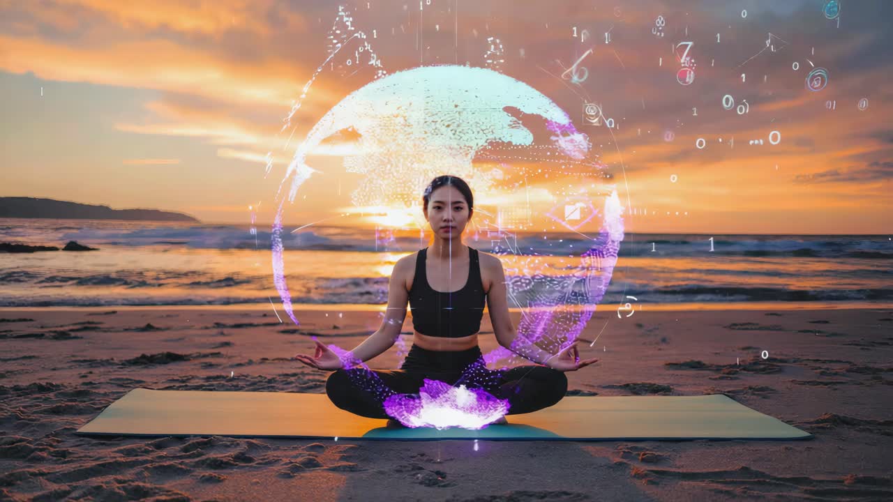Woman Meditating with Digital Globe on Beach at Sunset