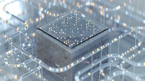 futurista técnica de procesamiento de placas señales de bucle sin costuras animación de renderización 3d