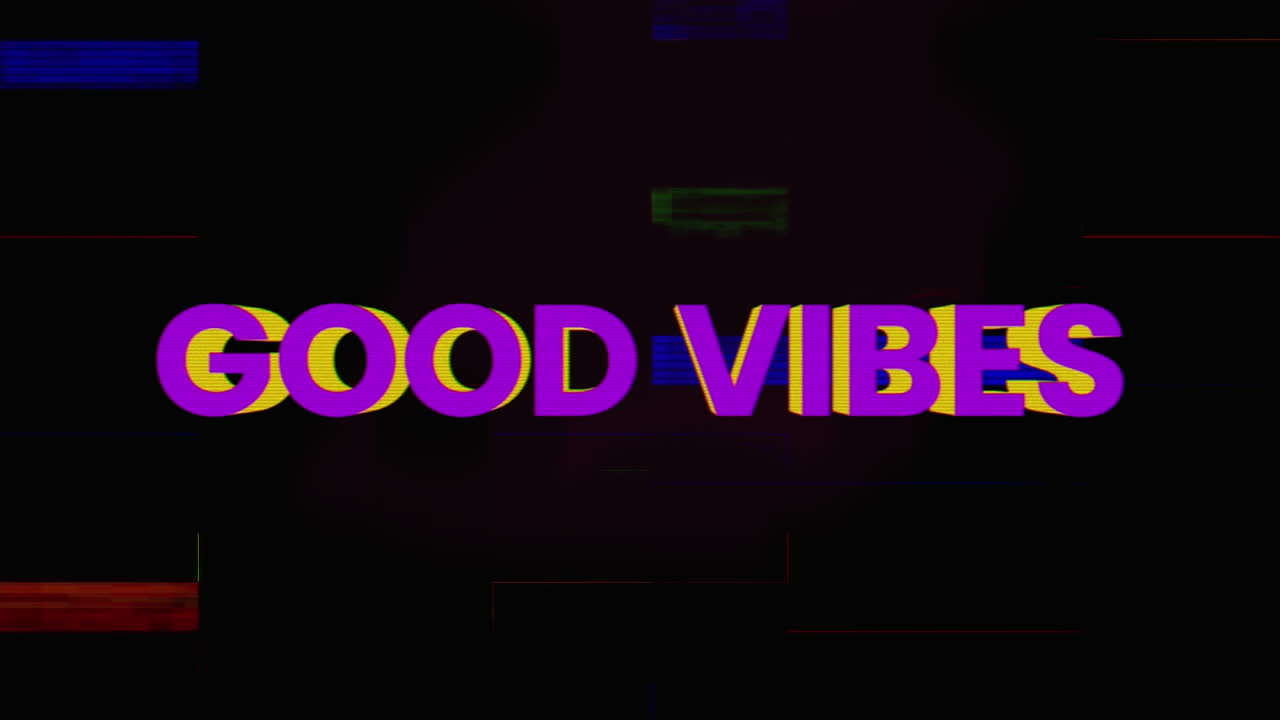 Animation of good vibes text over colorful shapes on dark background