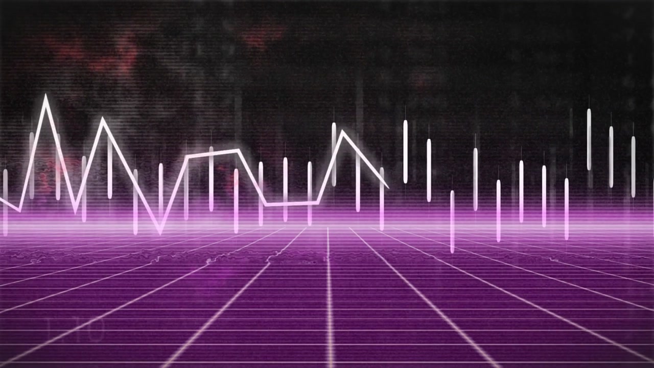 Data bars rising across neon purple grid floor, showing numeric readouts with retro neon glow