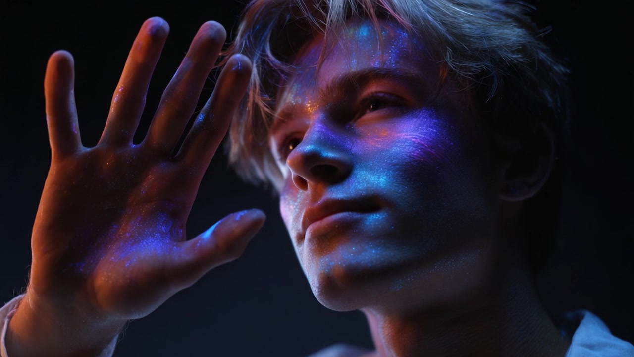 A captivating expression of creativity and wonder, illuminated by colorful patterns of light, showcasing the unique human experience with artistry and emotion.