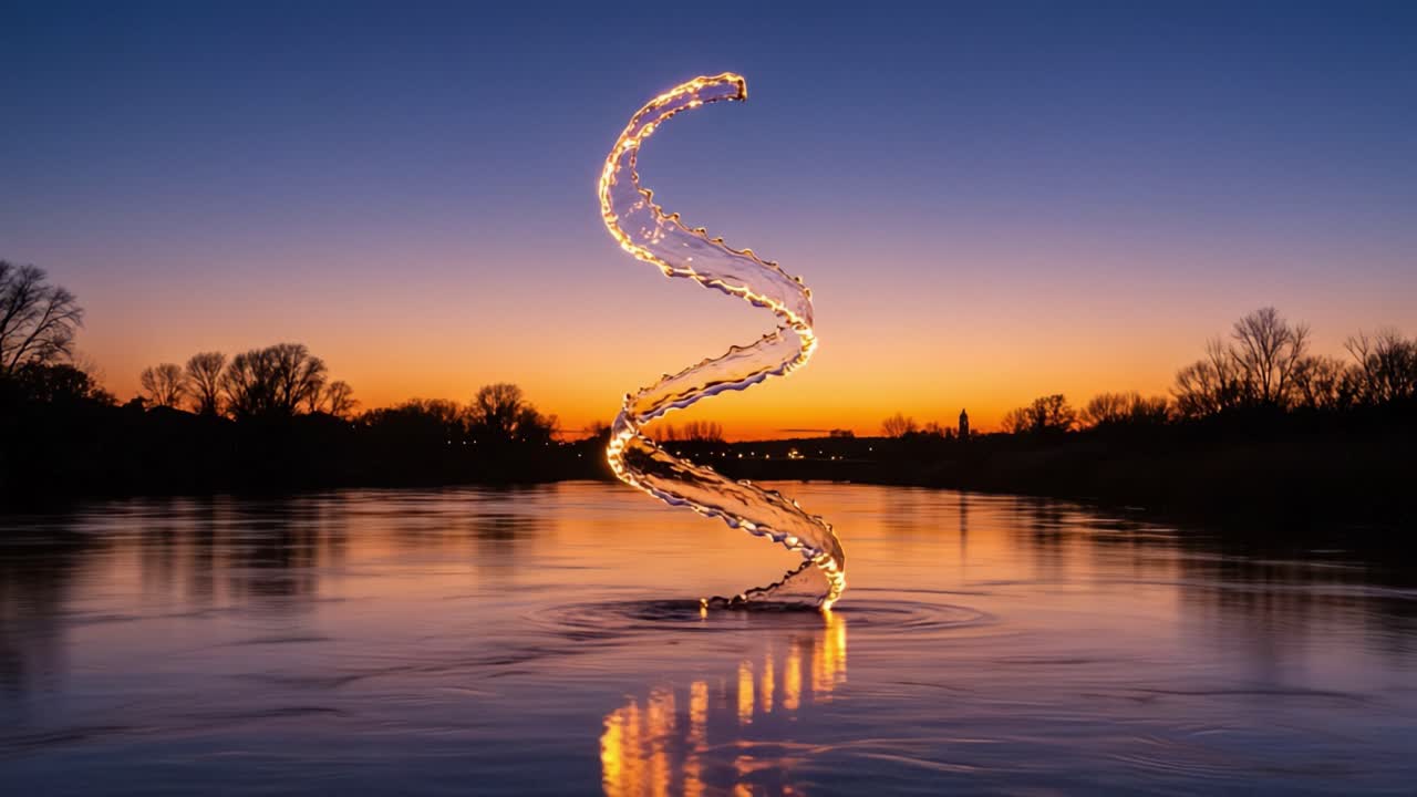 A Mesmerizing Spiral of Light and Water Reflects in a Serene Sunset Over a Calm River, Creating an Enchanting Visual Display of Nature's Beauty