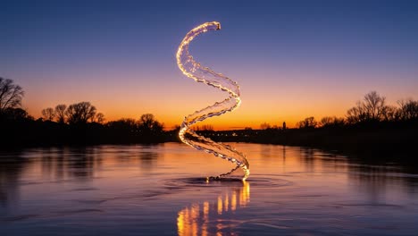 a mesmerizing spiral of light and water reflects in a serene sunset over a calm river, creating an enchanting visual display of nature's beauty