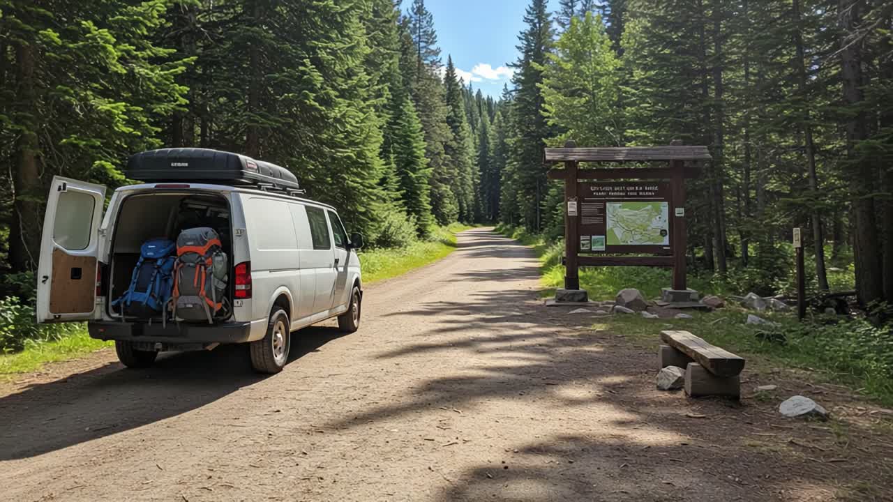 A Serene Outdoor Adventure Begins: Exploring a Scenic Road with a Van and Hiking Gear Surrounded by Lush Trees and Nature's Beauty