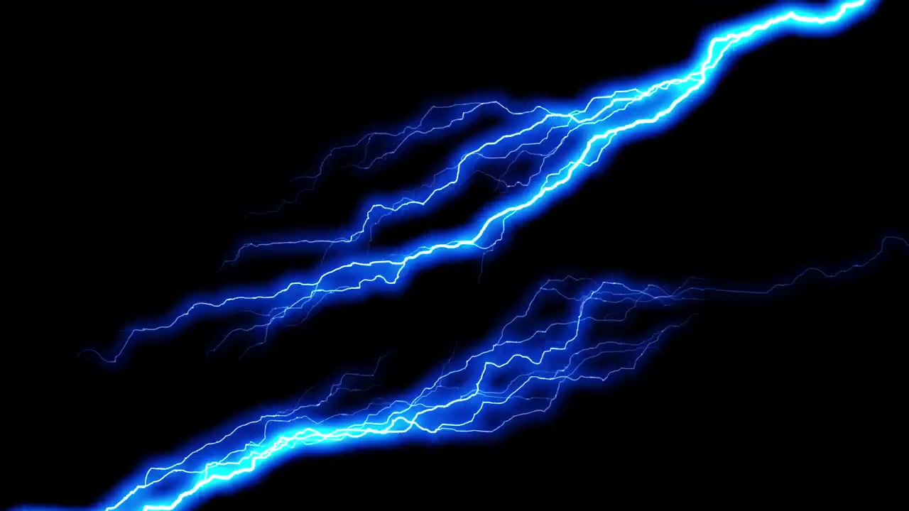 Bright Blue Electric Lightning Bolts Striking Against Black Background