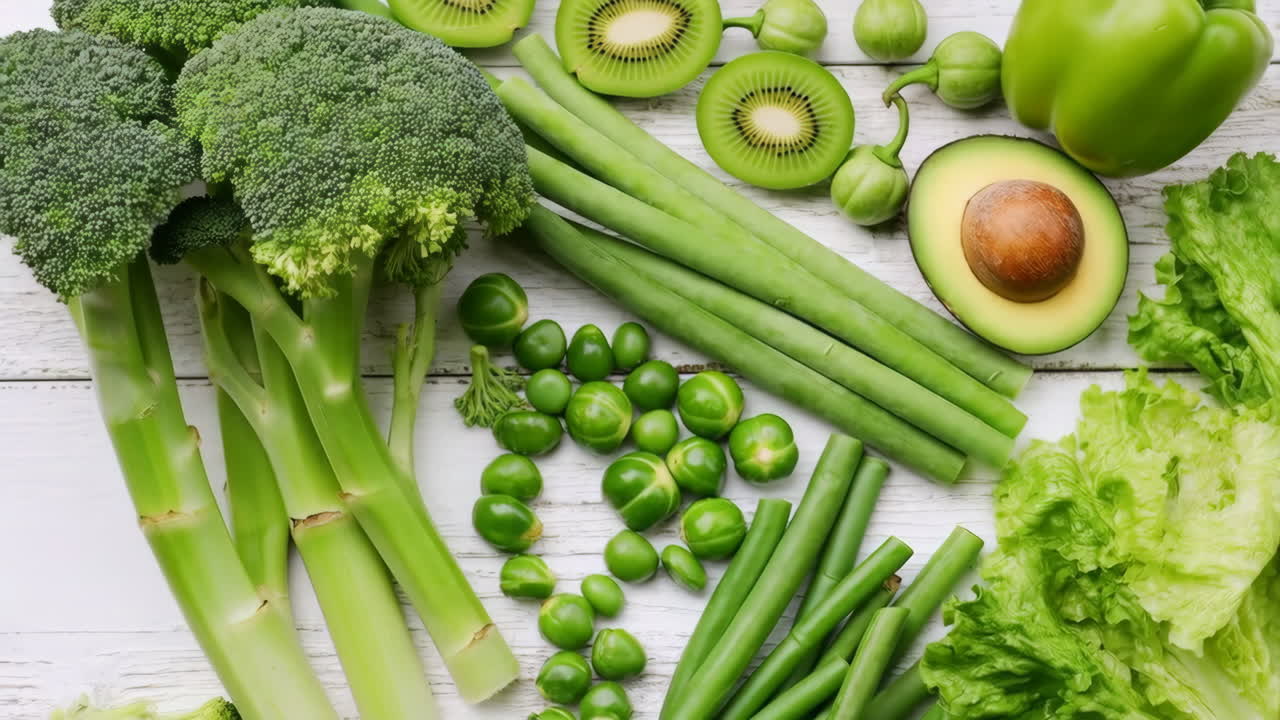 Assortment of Fresh Green Fruits and Vegetables on a White Wooden Table