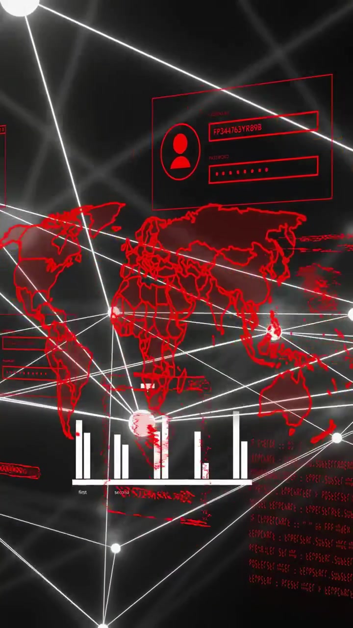 Vertical video: Viewpoint shifting, red hologram map pulsing nodes, SYSTEM HACKED bars showing hack