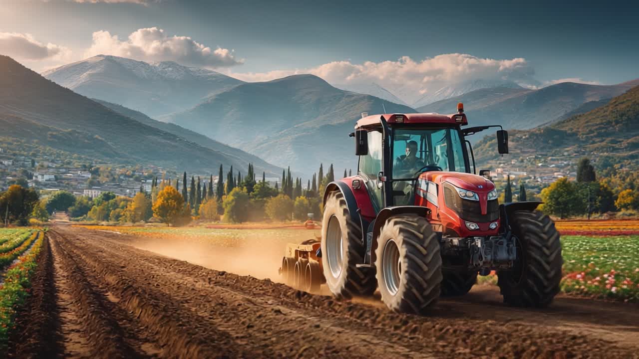Un potente trattore che coltiva un paesaggio idilliaco con montagne e campi vibranti: catturando l'essenza dell'agricoltura e della tecnologia agricola.