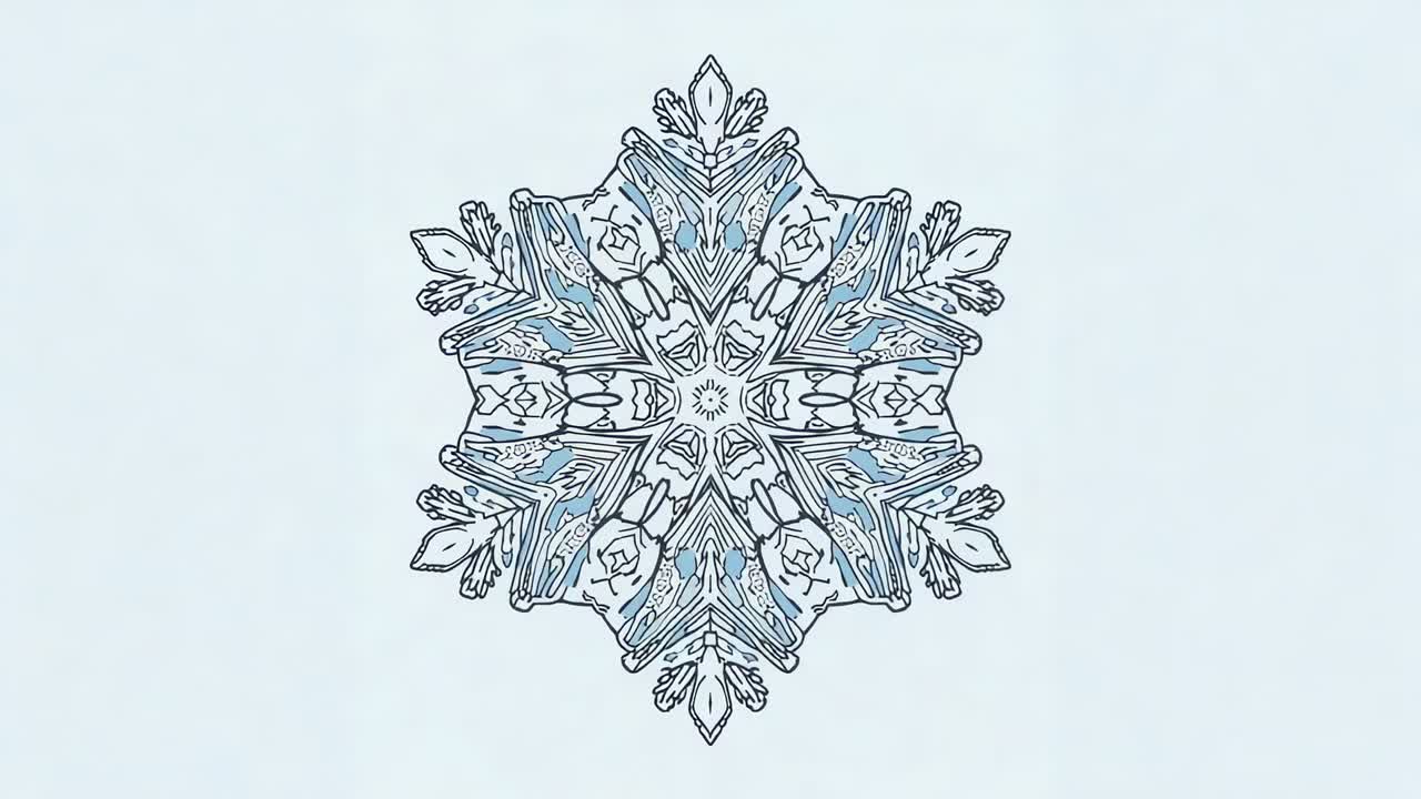 Mandala a sei punte che si espande su uno sfondo grigio-azzurro chiaro, con contorni neri e riempimenti chiari