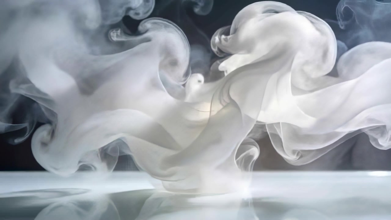 Emerging white vapor plume expanding, billowing and forming layered sheets from glossy surface