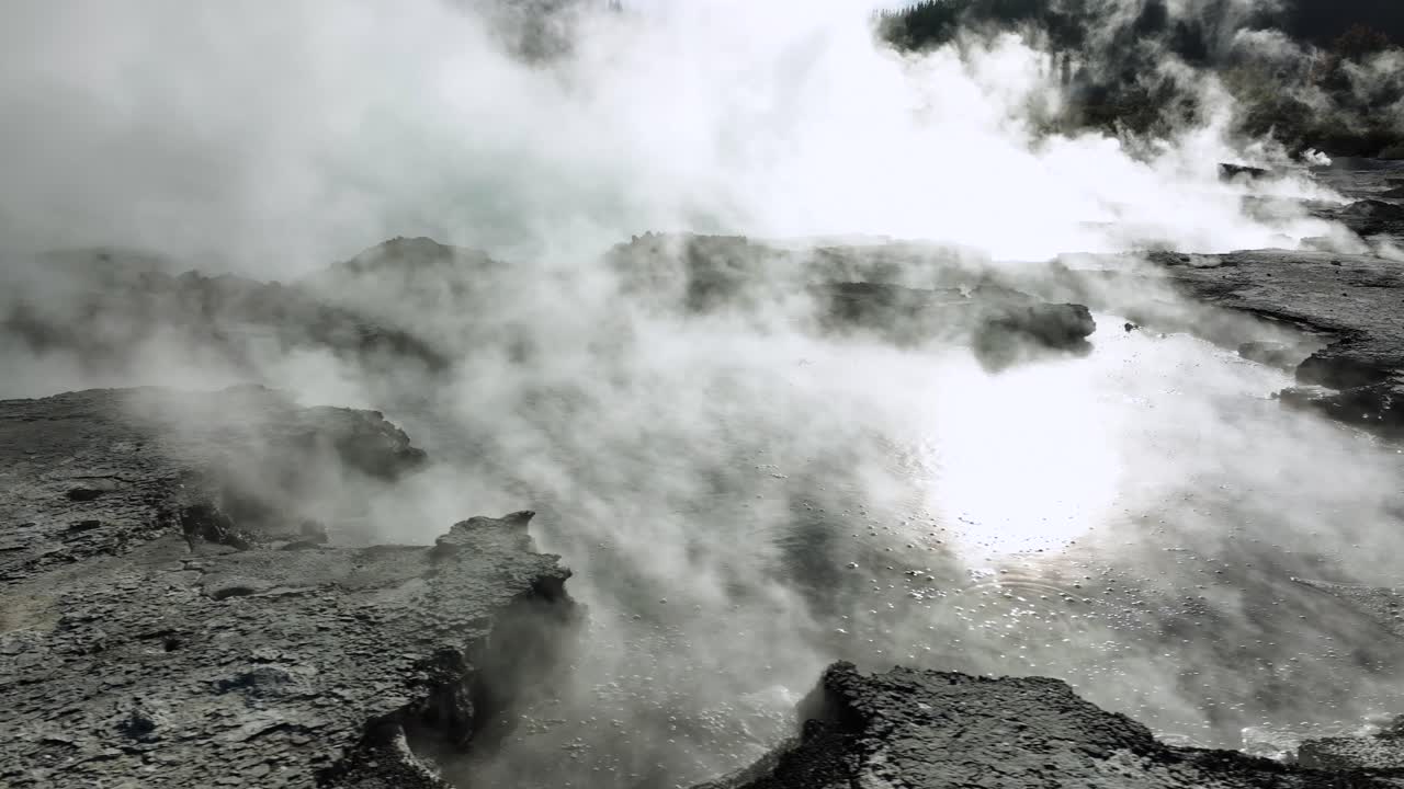 Drone gently flying over geothermal landscape. Trees, steam, bubbling mud and steam. Alien Landscape. Sci-fi. Global Warming