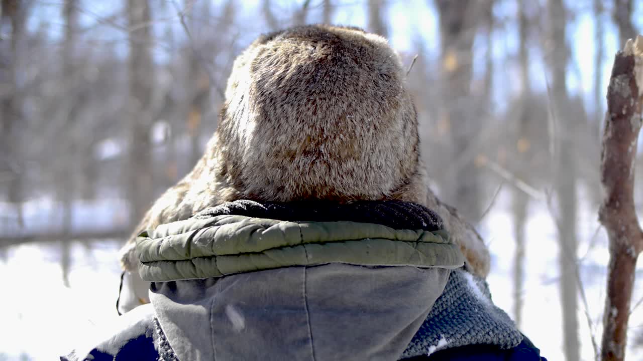 Old man from behind looking for a way in a snowy forest