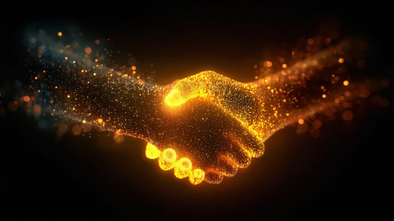Un’immagine accattivante di due mani che si stringono, scintillanti di particelle e luce gloriose, a simboleggiare accordo, unità e cooperazione in uno stile futuristico