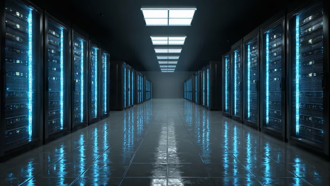 A Futuristic Data Center with Rows of High-Tech Servers Illuminated by Blue LED Lights in a Modern, Reflective Environment
