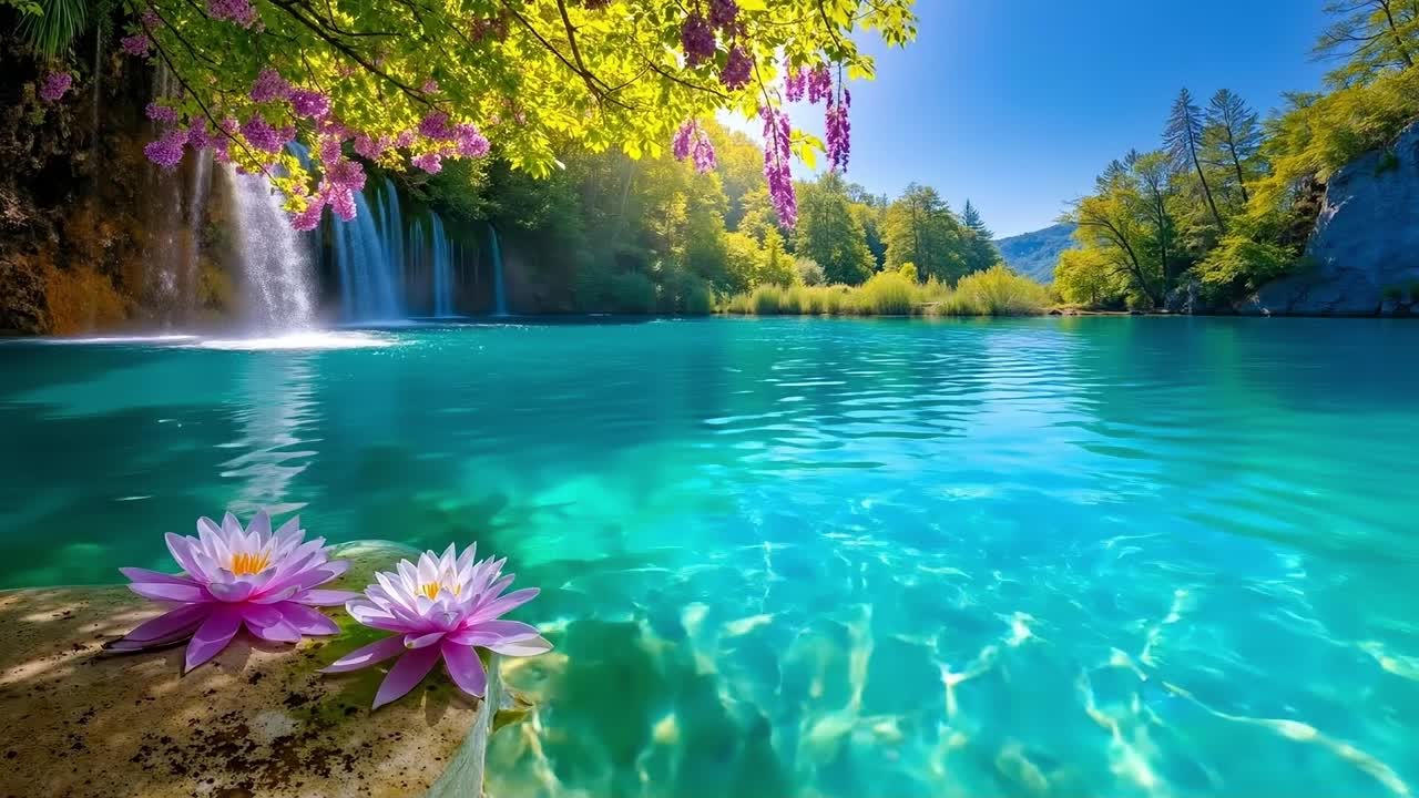 A couple of pink flowers sitting on top of a rock next to a body of water