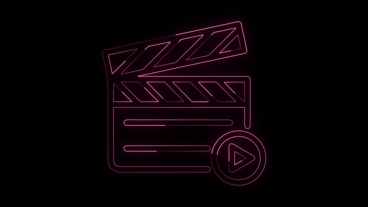 línea de neón brillante icono de clapper de película aislado en fondo negro. tablero de clapter de película. producción de cine o industria de los medios.