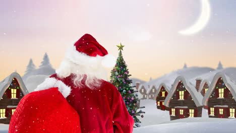 Santa-clause-in-front-of-decorated-houses-in-winter-scenery-combined-with-falling-snow