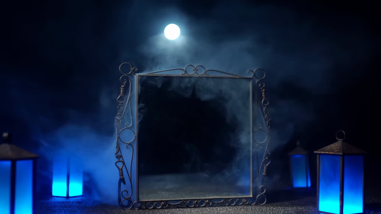 Cermin Bercahaya Bulan Dikelilingi Lentera Biru, Kabut Bergulir Menyelimuti Bingkai Besi Berukir, Kaca Reflektif