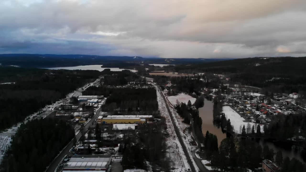 Drone shot of a snowy landscape in Sweden.