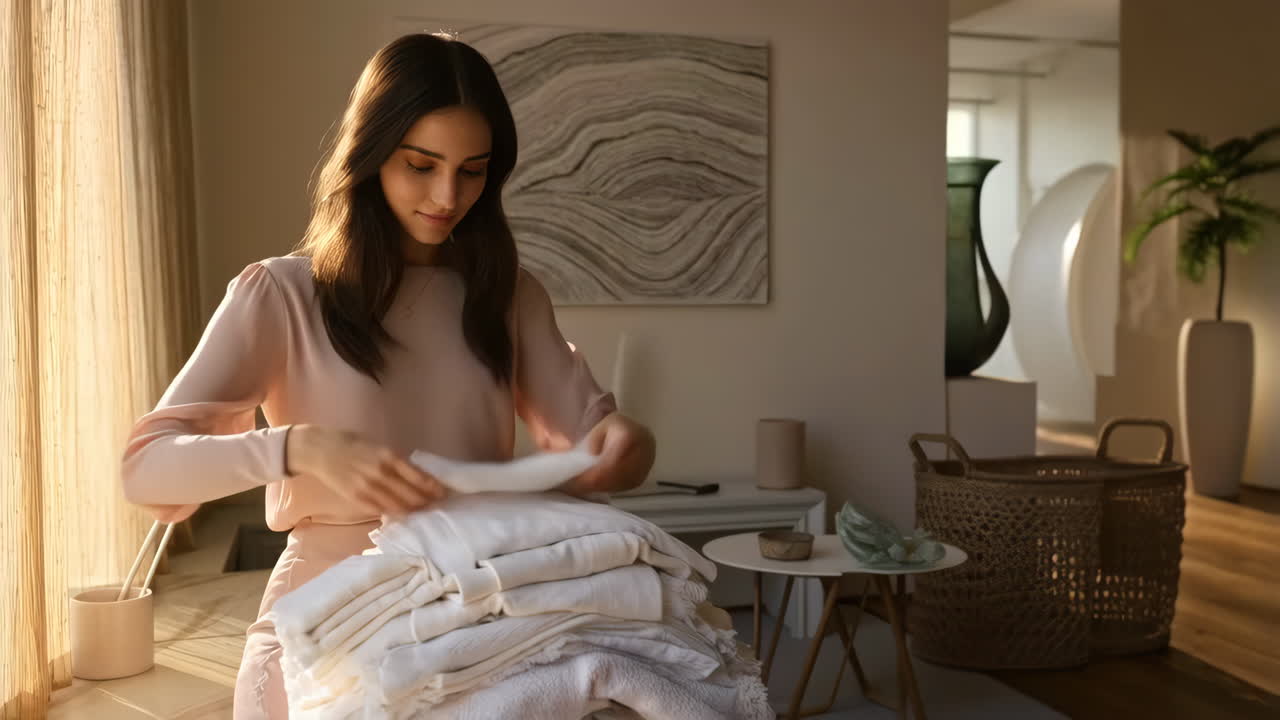 집에서 옷을 접는 여자