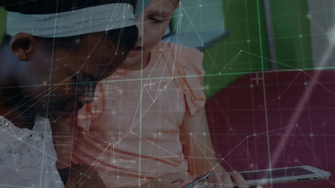 Animation of network of connected circles over happy diverse girls using tablets