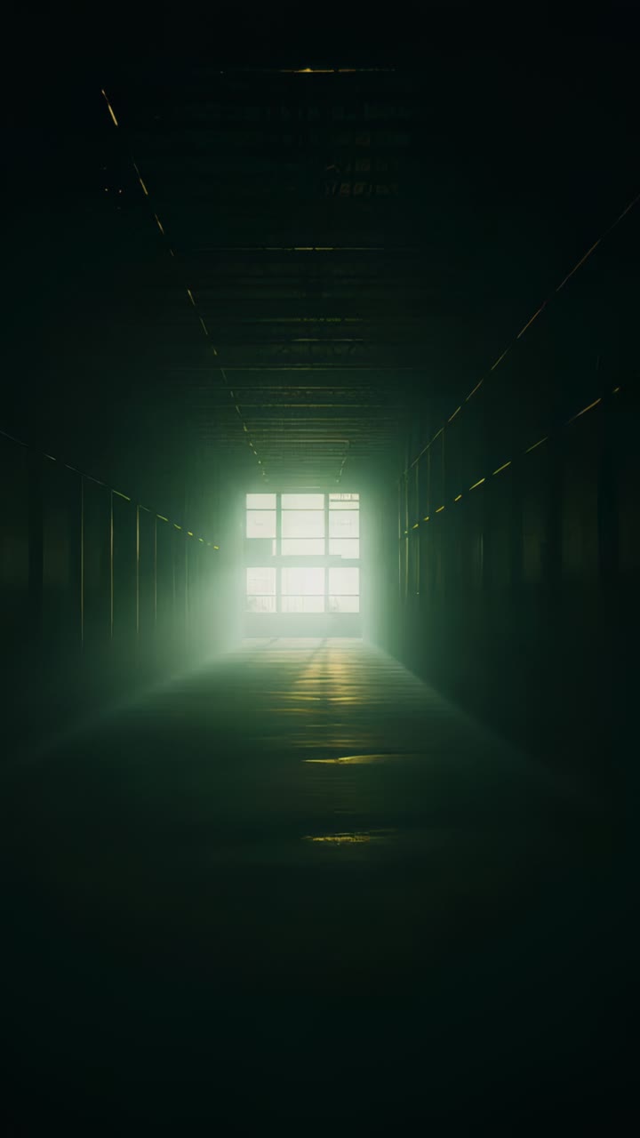 Vertical video: Emitting paned window casting green light down long corridor, revealing hazy beams