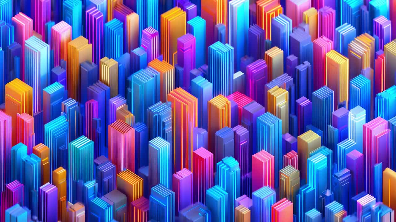 A Vibrant Landscape of Abstract 3D Buildings Showcasing a Melange of Colorful Skyscrapers and Structures in Vivid Shades of Blue, Pink, and Yellow for a Futuristic City Aesthetic