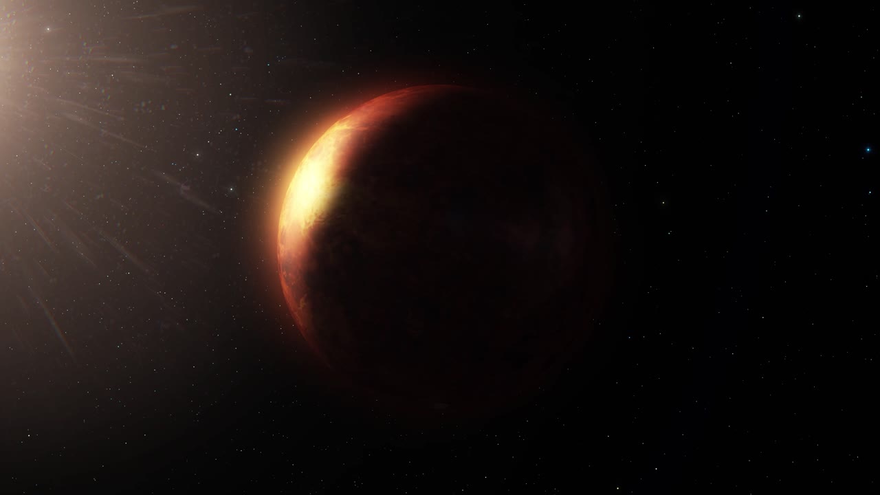 un planeta rojo con un sol en el fondo