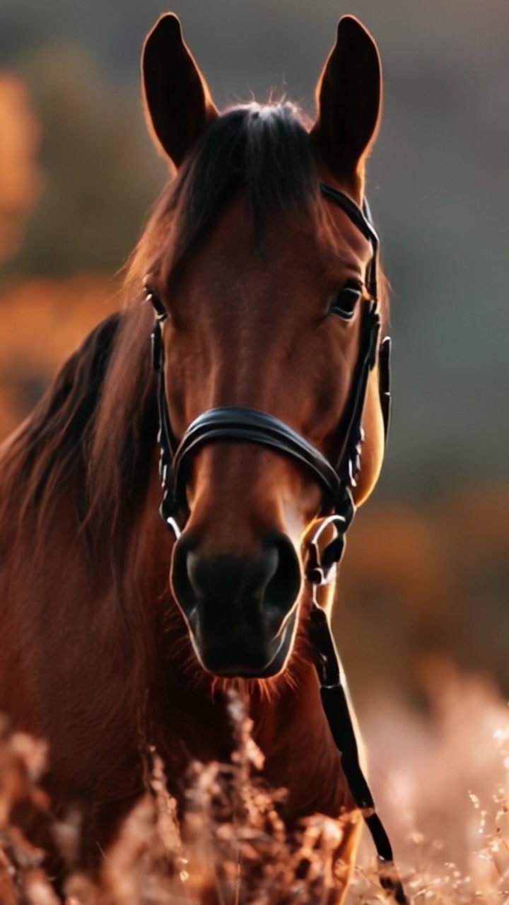Ritratto accattivante di un cavallo maestoso in luce naturale, che mette in risalto la grazia e la bellezza dell'eleganza equina in un sereno paesaggio autunnale.