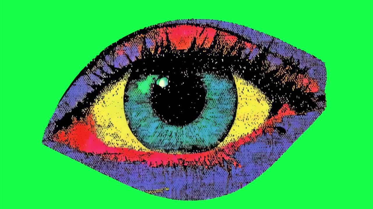 Vibrant pop eye illustration animation, transparent 4K video, green screen