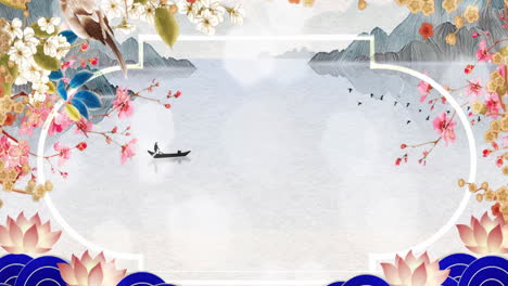 Peaceful-nature-Daytime-ancient-traditional-Chinese-Japanese-landscape-ink-trend-stage-Painting-of-beautiful-calm-trees,-mountains,-flowers,-lake,-water,-birds,-blue-sky,-boat,-cherry-blossoms-season