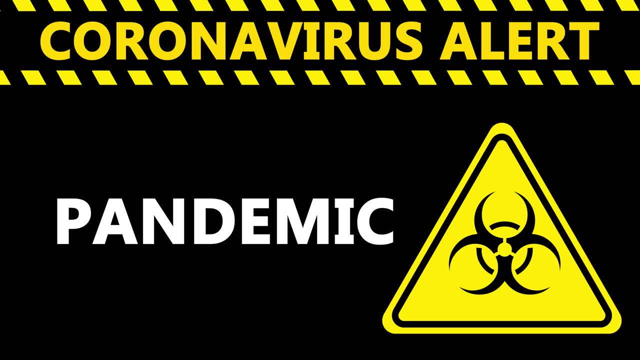 검정색 배경 모션 그래픽에 깜박이는 코로나 바이러스 전염병 경고 표시