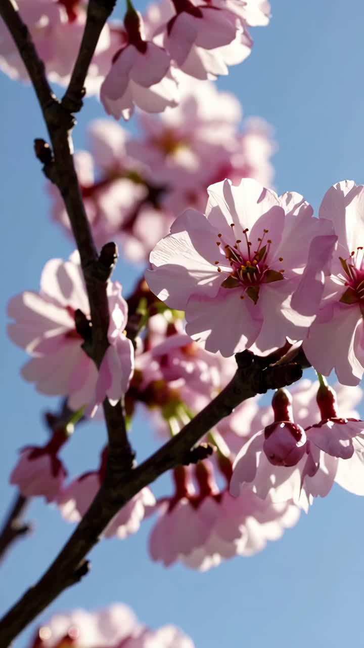 Pink Cherry Blossoms Against a Clear Blue Sky