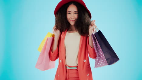 fashion, shopping bag and smile with face of woman