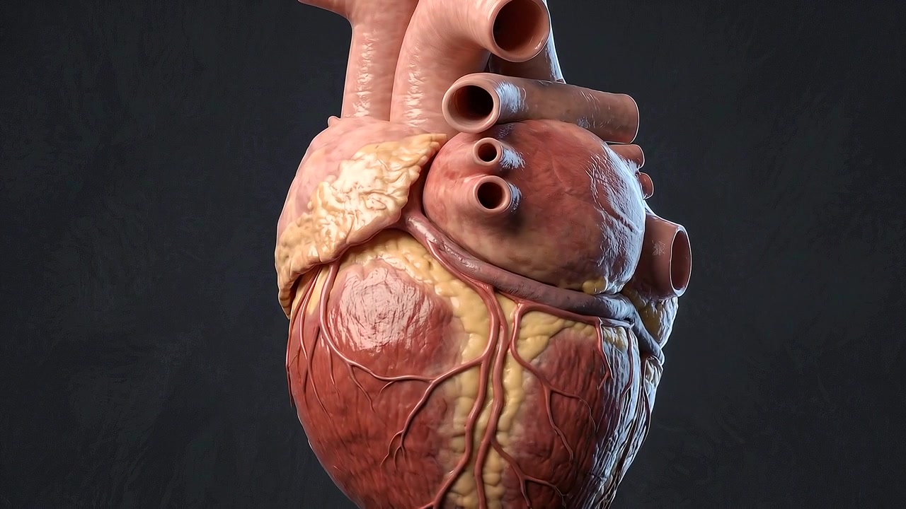 Rendering realistico in primo piano dell'anatomia del cuore umano isolato su sfondo scuro da studio