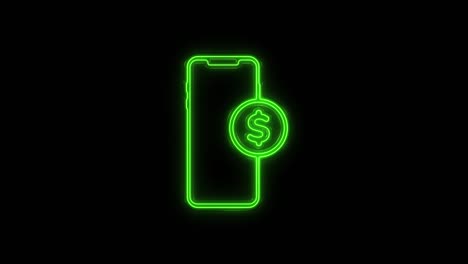 teléfono inteligente de línea de neón brillante con icono de símbolo de dólar aislado en fondo negro. concepto de compras en línea. teléfono móvil financiero. pago en línea. 4k