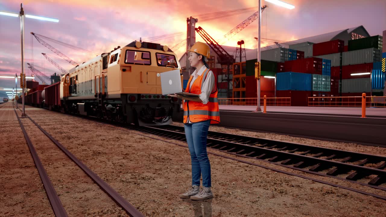 Full Body Side View Of Asian Female Engineer With Safety Helmet Working On A Laptop And Looking Around With Freight Cargo Train At Port