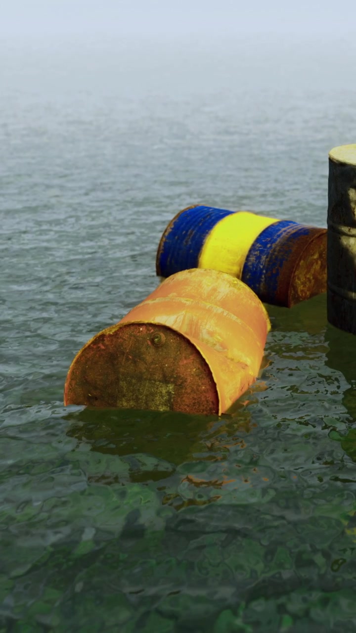 Barriles flotando en el agua cerca de un muelle con tiempo nublado