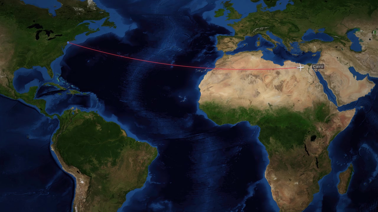 Satellite world map animation follows an airplane icon flying from New York to Cairo