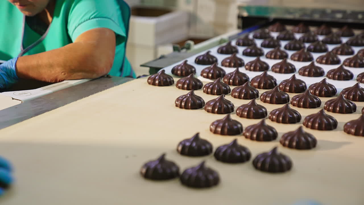 Woman worker at the confectionery factory packing marshmallows. Employee takes the sweets from conveyor and puts them into box.