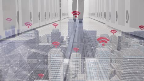 animation of skyscrapers with wifi symbols and caucasian man working in a server room