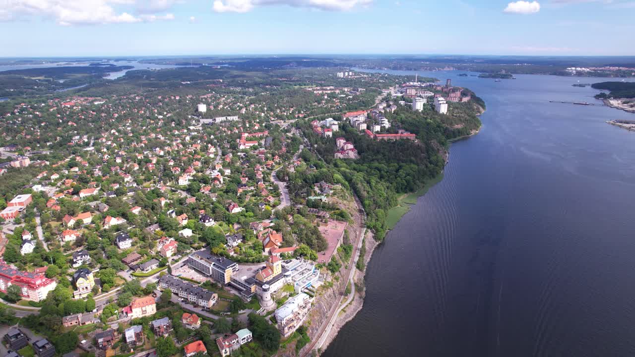 Drone footage of stockholm during summer capturing the river and island of lidingö