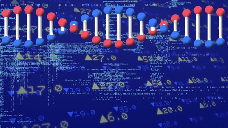 Animation of dna chain rotating over data processing in green animation space